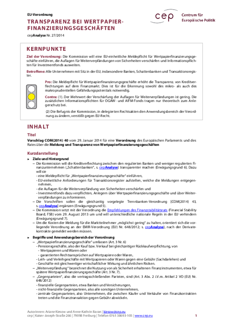 Transparenz bei Wertpapierfinanzierungsgeschäften COM(2014) 40