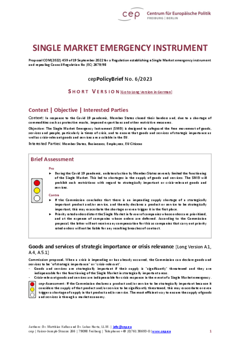 Single Market Emergency Instrument (cepPolicyBrief COM(2022) 459) Short Version