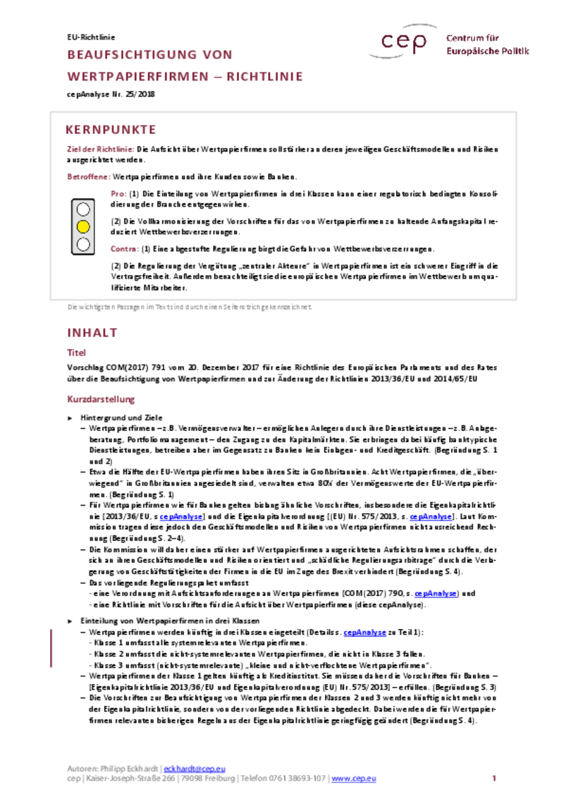 Beaufsichtigung von Wertpapierfirmen COM(2017) 791