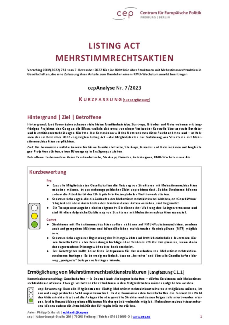 Listing Act - Mehrstimmrechtsaktien (cepAnalyse zu COM (2022) 761) Kurzfassung