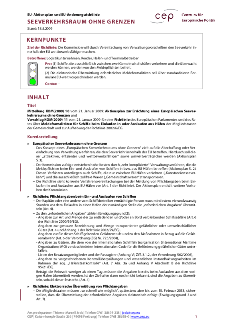 European Maritime Transport Space without Barriers COM(2009) 10, 11