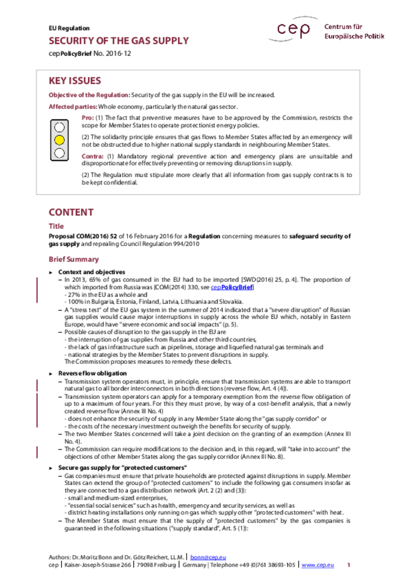 Security of the Gas Supply COM(2016) 52