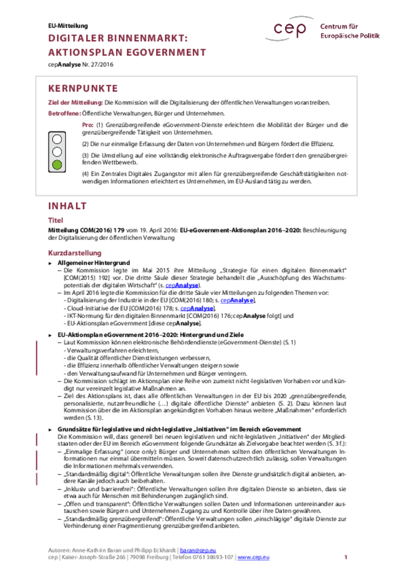 Digitaler Binnenmarkt: Aktionsplan eGovernment COM(2016) 179