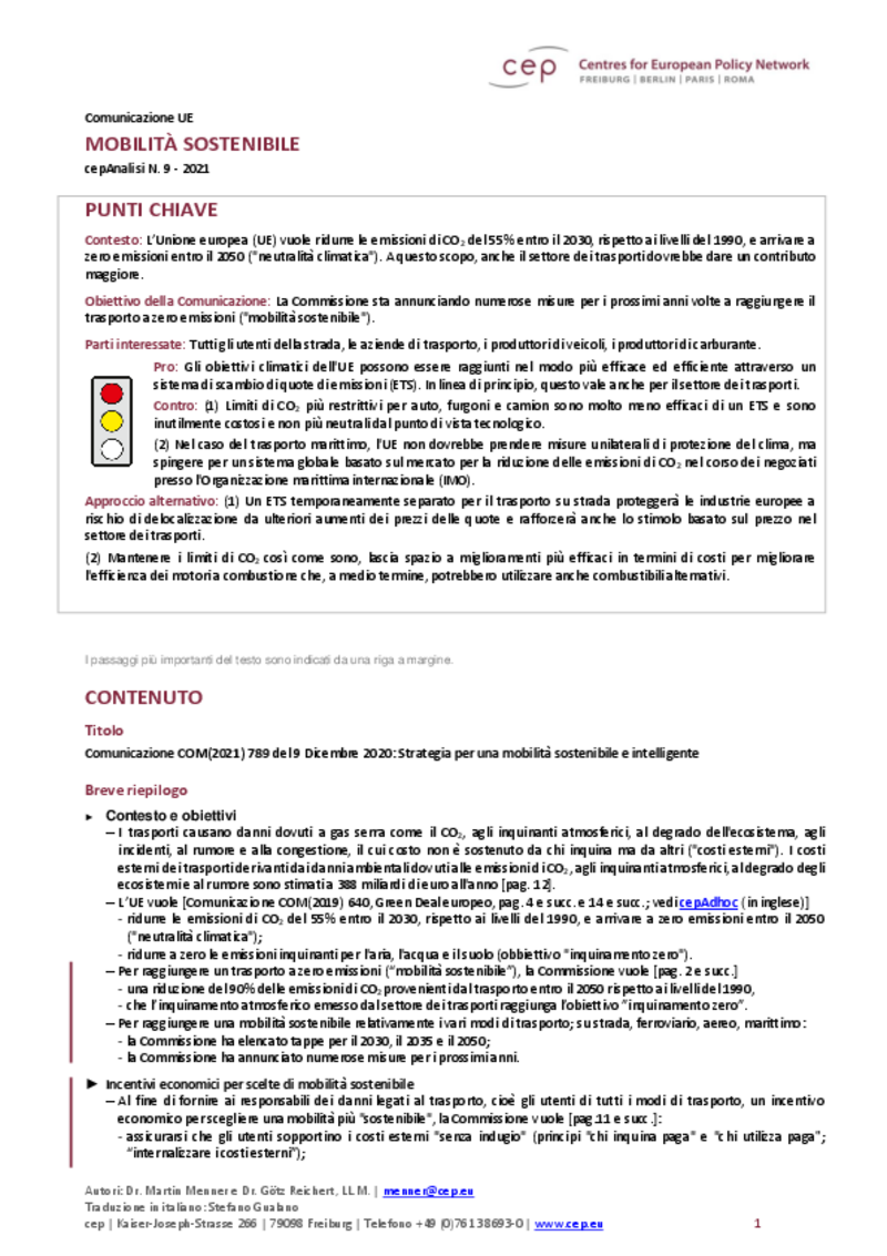 Mobilità sostenibile (cepAnalisi del COM(2020) 789)