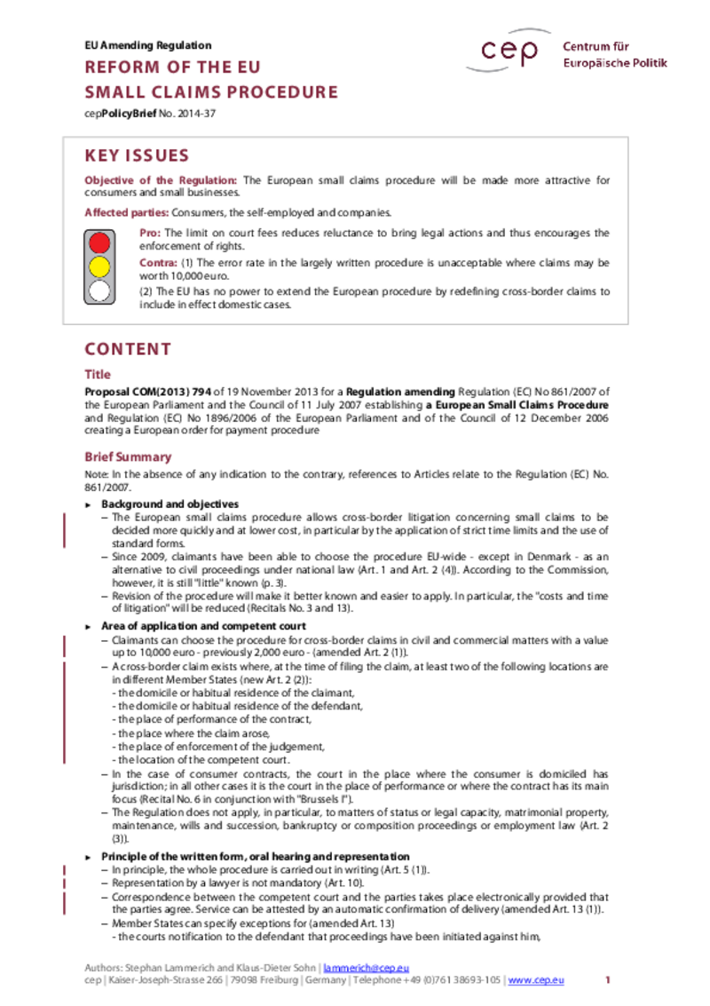 Reform of the EU Small Claims Procedure COM(2013) 794