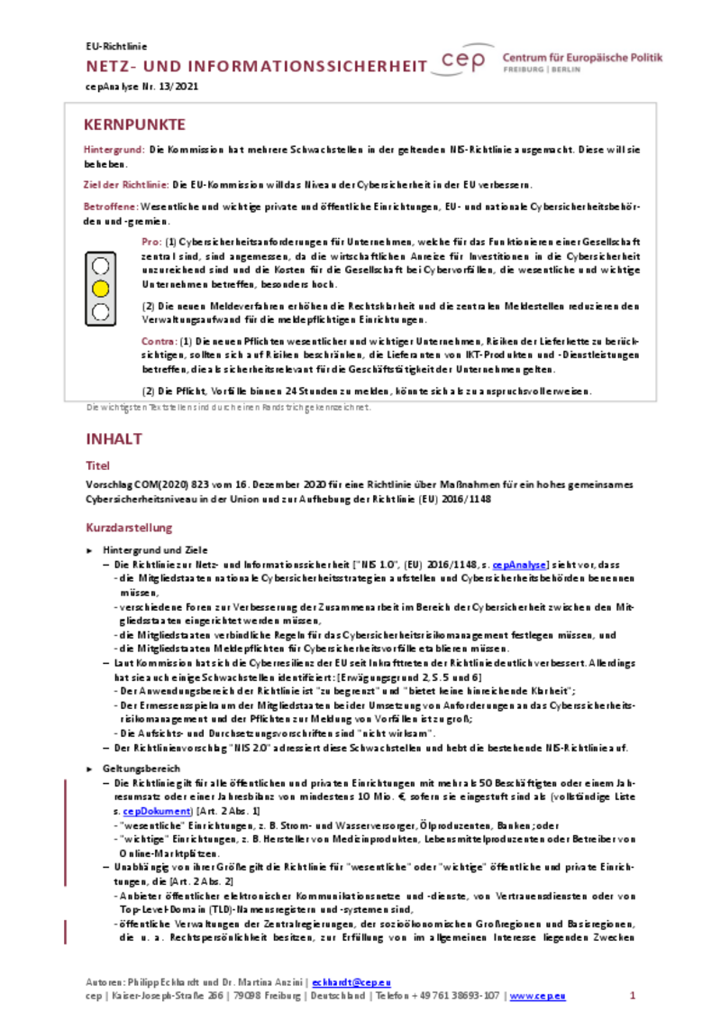 Netz- und Informationssicherheit (cepAnalyse zu COM2020_823)