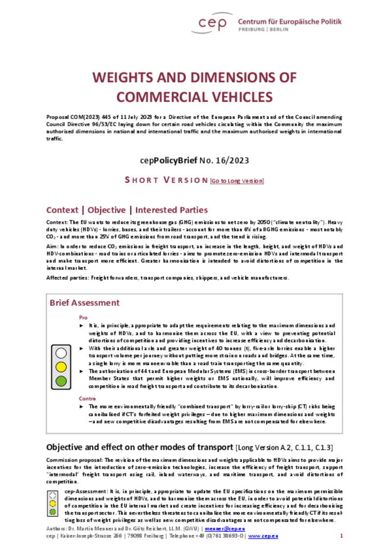 Weights and Dimensions of Commercial Vehicles (cepPolicyBrief Short Version))