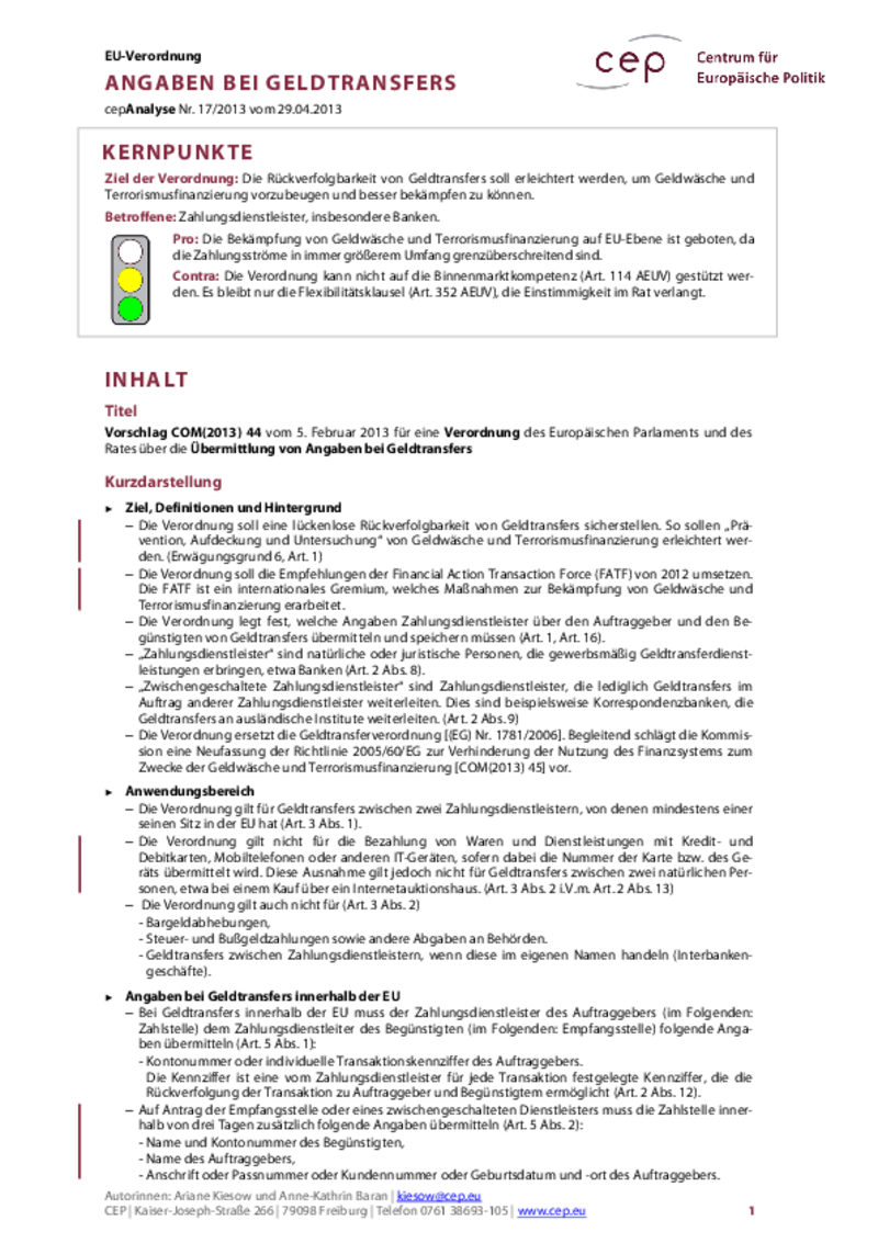 Angaben bei Geldtransfers COM(2013) 44