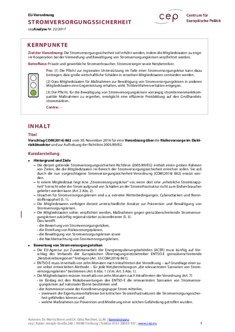 Stromversorgungssicherheit COM(2016) 862