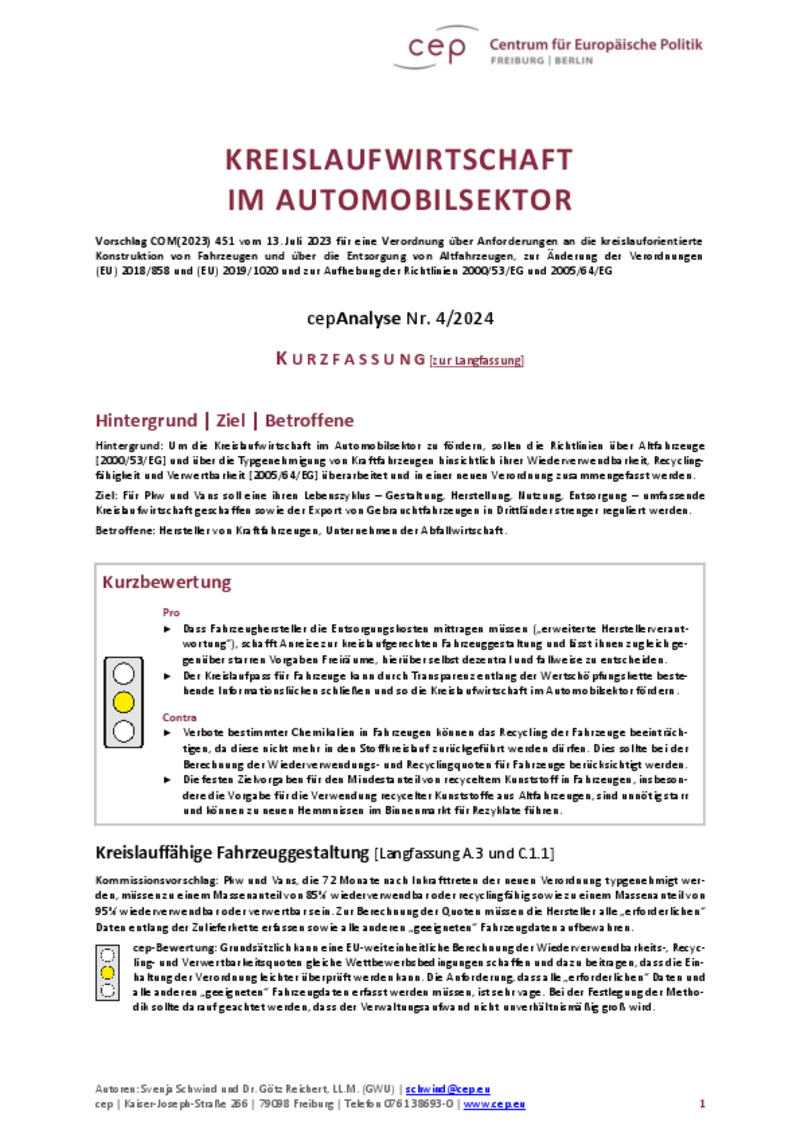 Kreislaufwirtschaft im Automobilsektor (cepAnalyse Kurzfassung)