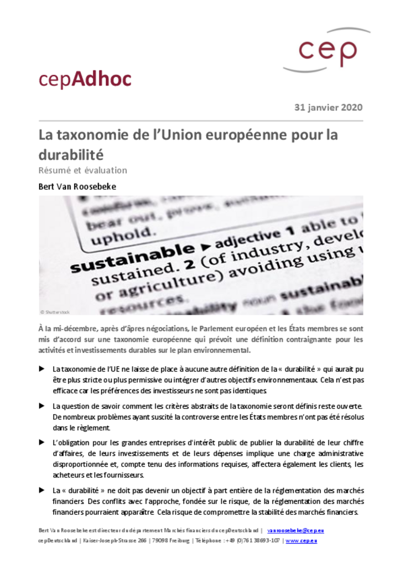 La taxonomie de l’Union européenne pour la durabilité (Les Adhocs du cep)