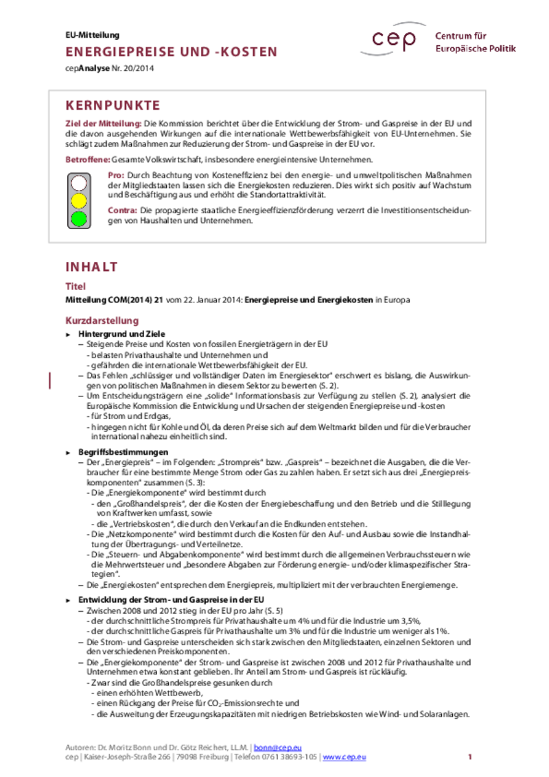 Energiepreise und -kosten COM(2014) 21