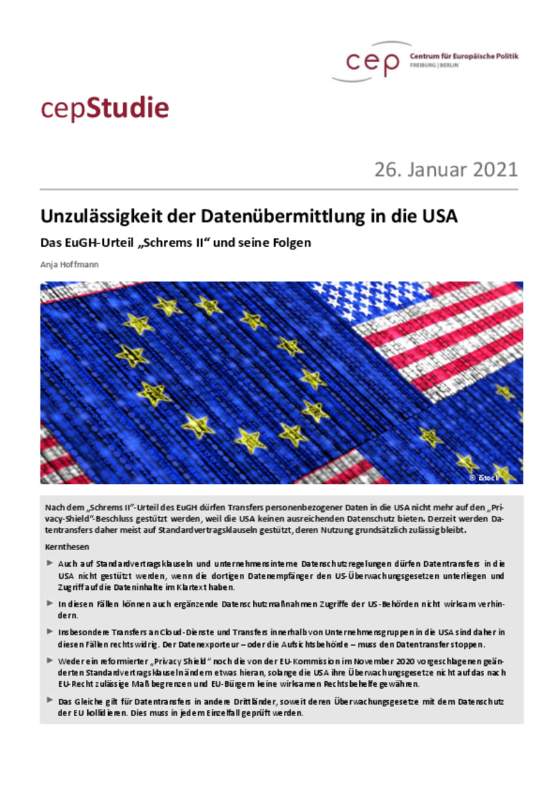 Unzulässigkeit der Datenübermittlung in die USA (cepStudie)