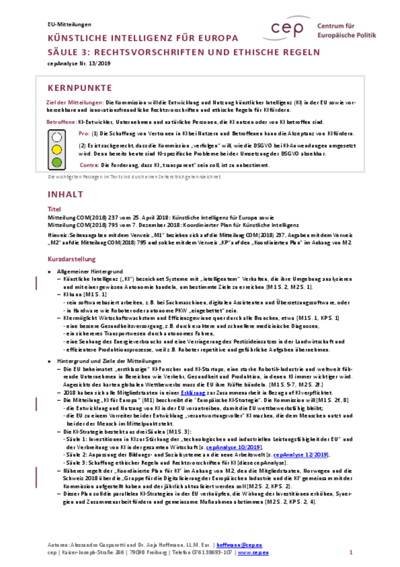 Künstliche Intelligenz für Europa – Säule 3: Rechtsvorschriften und ethische Regeln für KI (Mitteilung)