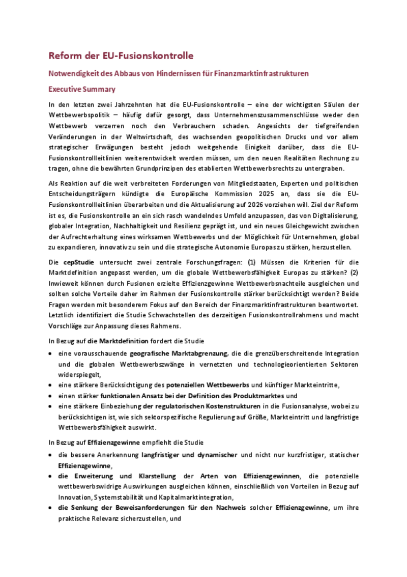 Reform der EU-Fusionskontrolle - Executive Summary Deutsch