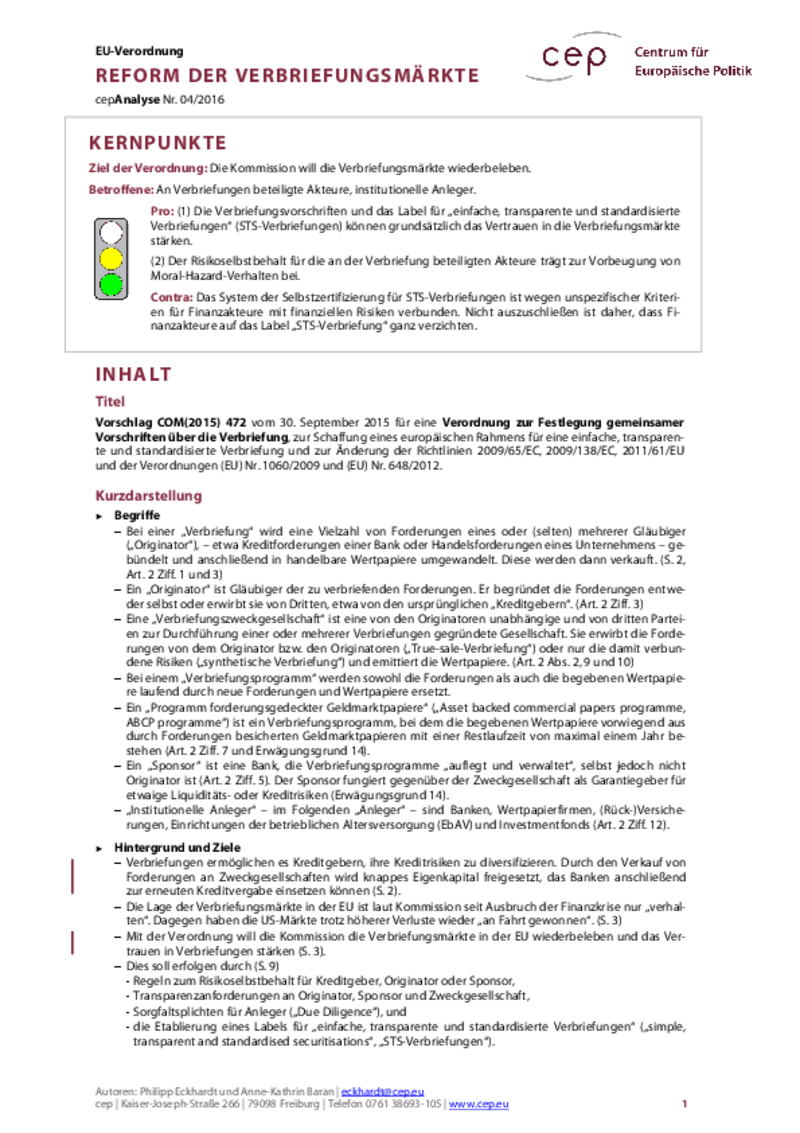 Reform der Verbriefungsmärkte COM(2015) 472
