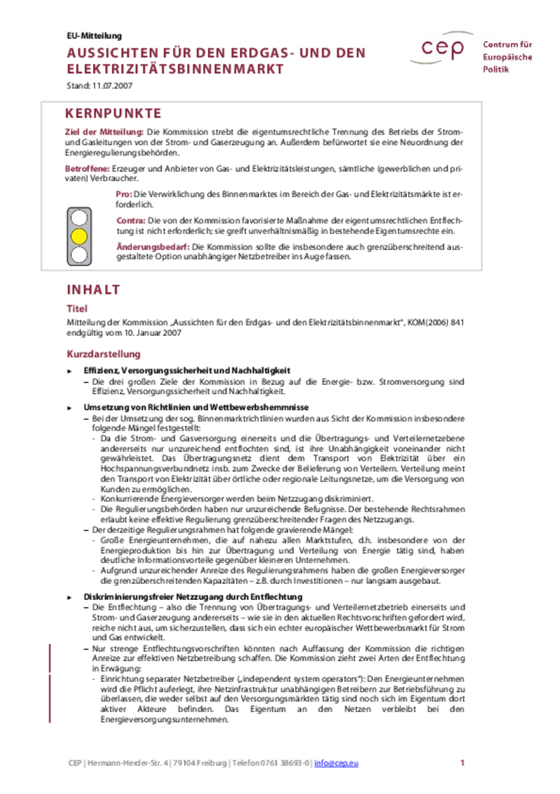 Aussichten für den Erdgas- und Elektrizitätsbinnenmarkt KOM(2006) 841