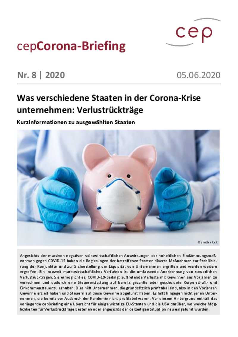 Was verschiedene Staaten in der Corona-Krise unternehmen: Verlustrückträge (cepBriefing Nr. 8)