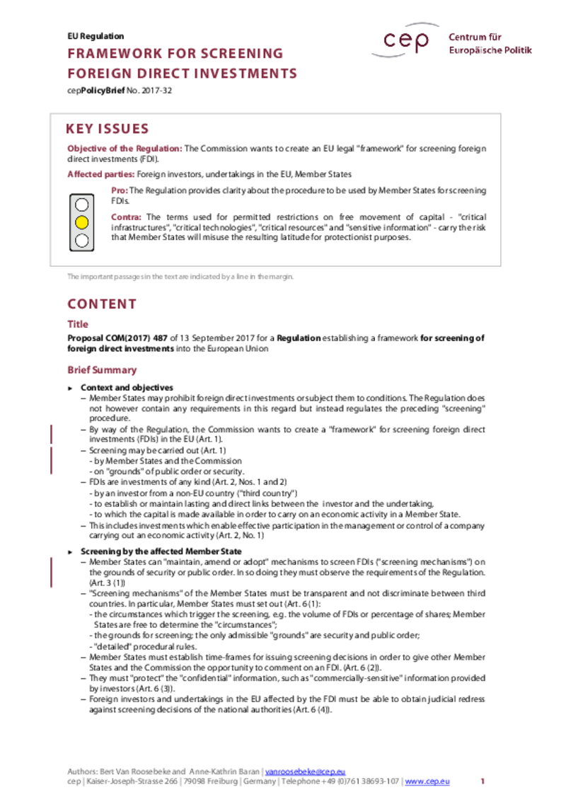 Framework for screening of foreign direct investments COM(2017) 487