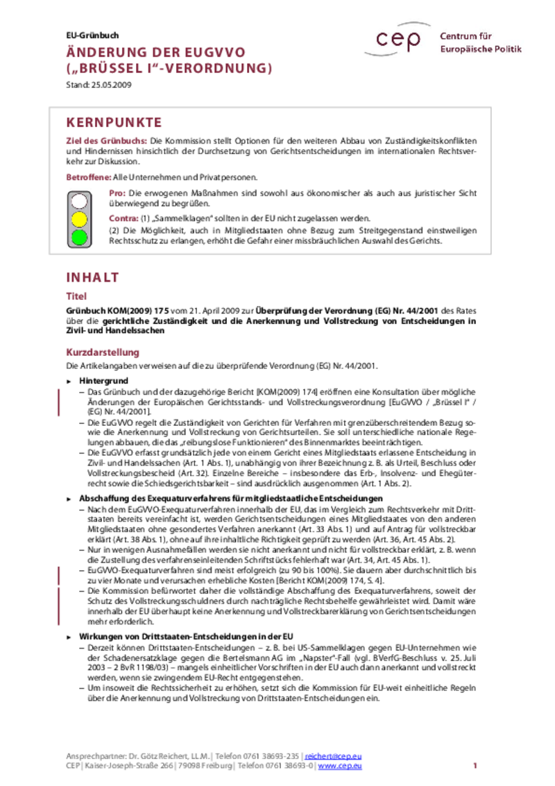 Änderung der EuGVVO („Brüssel I“-Verordnung) KOM(2009) 175