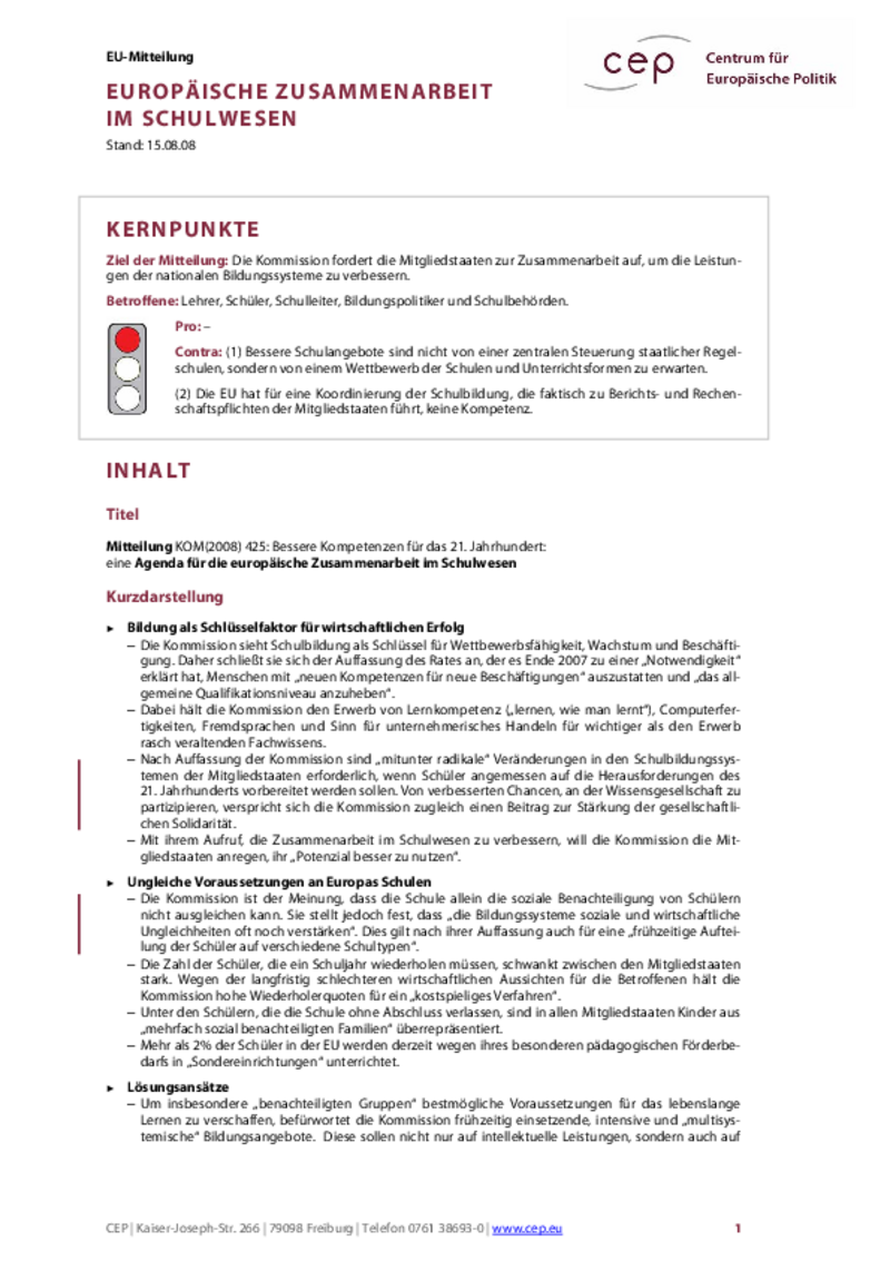 Europäische Zusammenarbeit im Schulwesen KOM(2008) 425