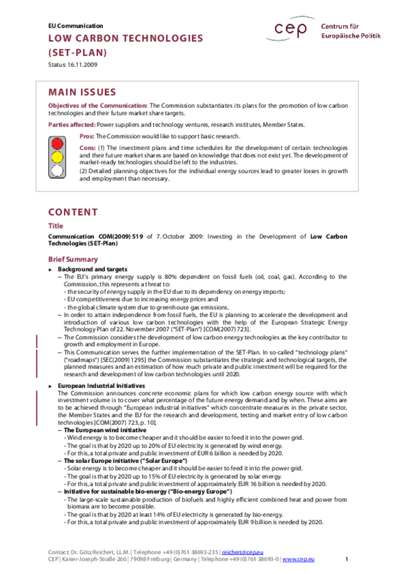 Low Carbon Technologies (SET-Plan) COM(2009) 519