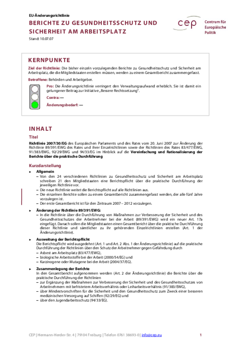 Berichtspflichten zu Gesundheitsschutz und Sicherheit am Arbeitsplatz KOM(2006) 390