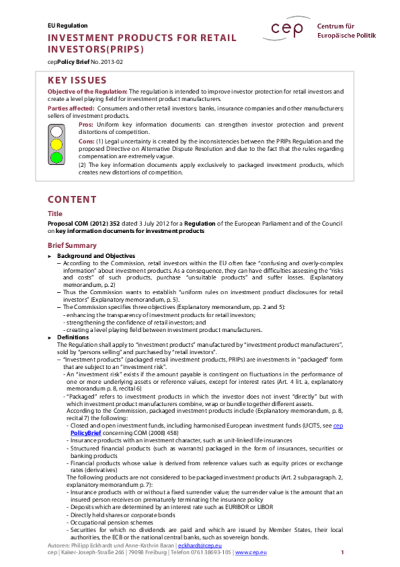Investment Products for Retail Investors (PRIPS) COM(2012) 352