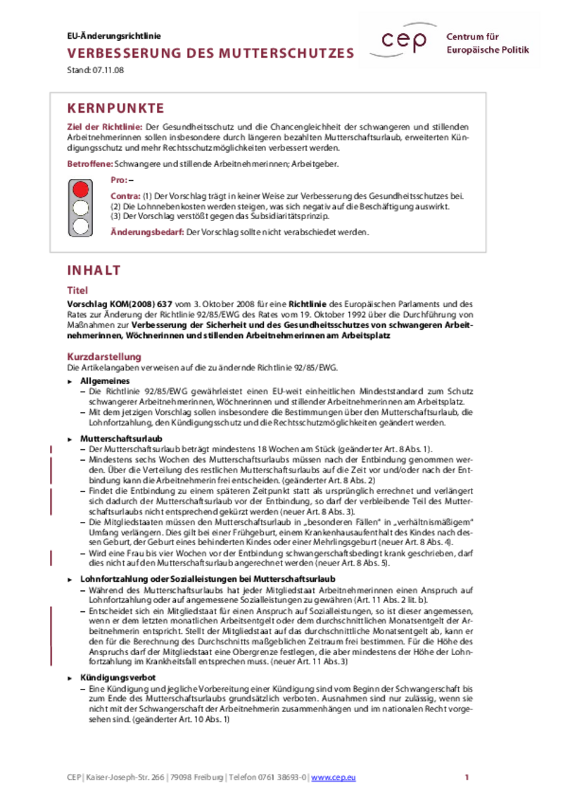 Verbesserung des Mutterschutzes KOM(2008) 637