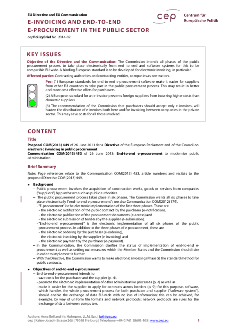 E-invoicing and end-to-end e-procurement for public contracts COM(2013) 449