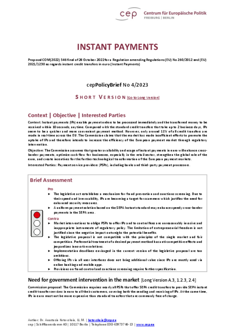 Echtzeitüberweisung (cepAnalyse zu COM(2022) 546)_Kurzversion