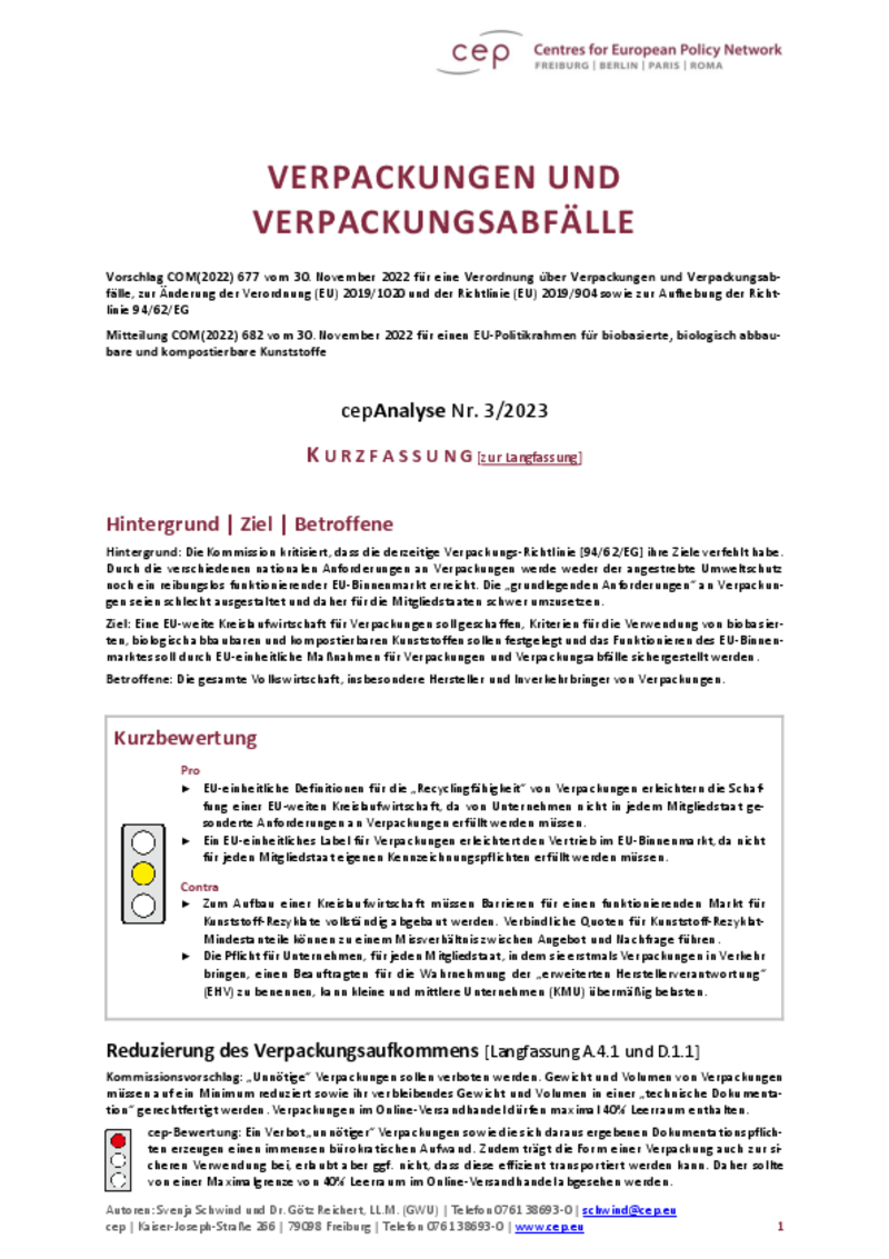 Verpackungen und Verpackungsabfälle (cepAnalyse zu COM(2022) 677) Kurzfassung