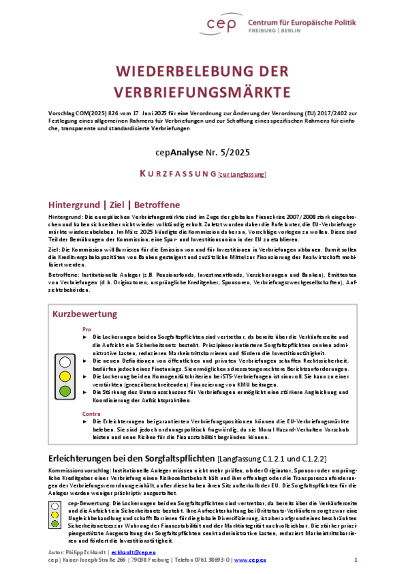 Wiederbelebung der Verbriefungsmärkte (Kurzfassung)