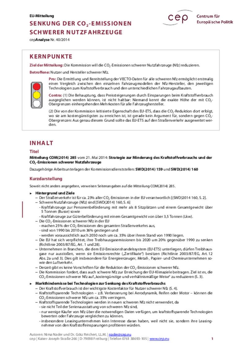 Senkung der CO2-Emissionen schwerer Nutzfahrzeuge COM(2014) 285