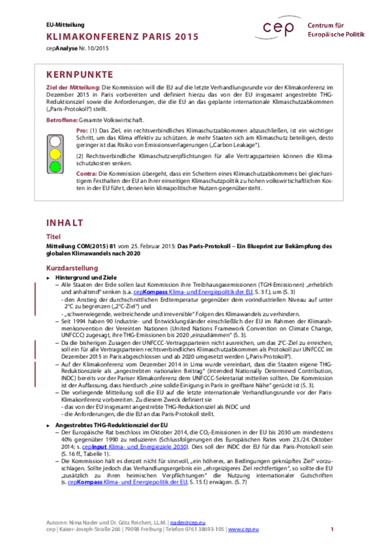 Klimakonferenz Paris 2015 COM(2015) 81