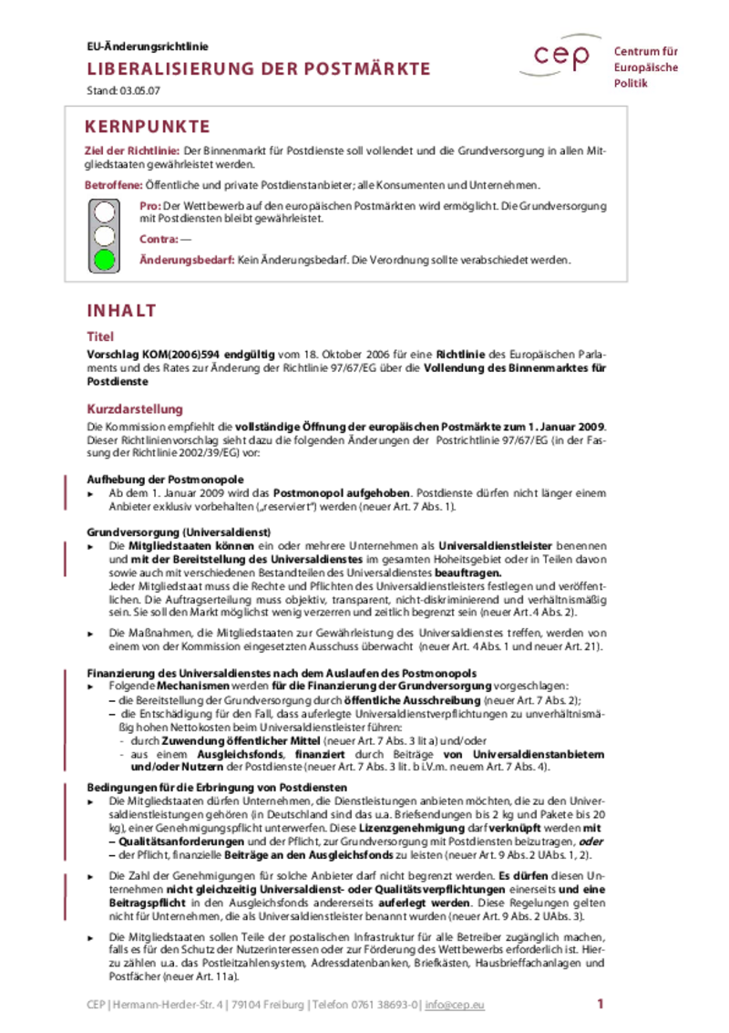 Liberalisierung der Postmärkte KOM(2006) 594