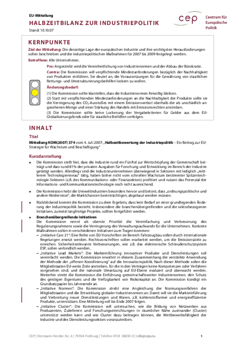 Halbzeitbilanz zur Industriepolitik KOM(2007) 374