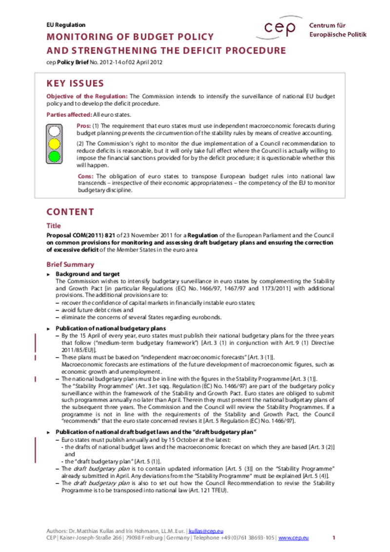 Monitoring of Budget Policy and Strengthening the Deficit Procedure COM(2011) 821