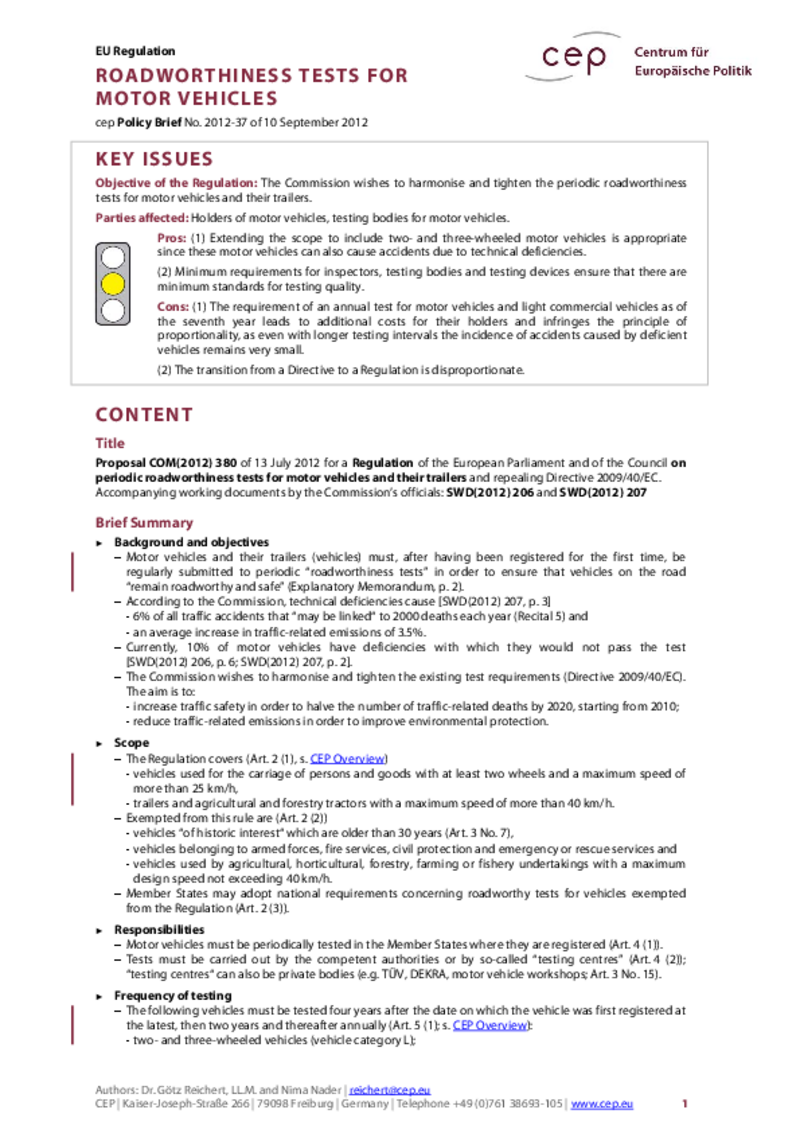 Roadworthiness Tests for Motor Vehicles COM(2012) 380