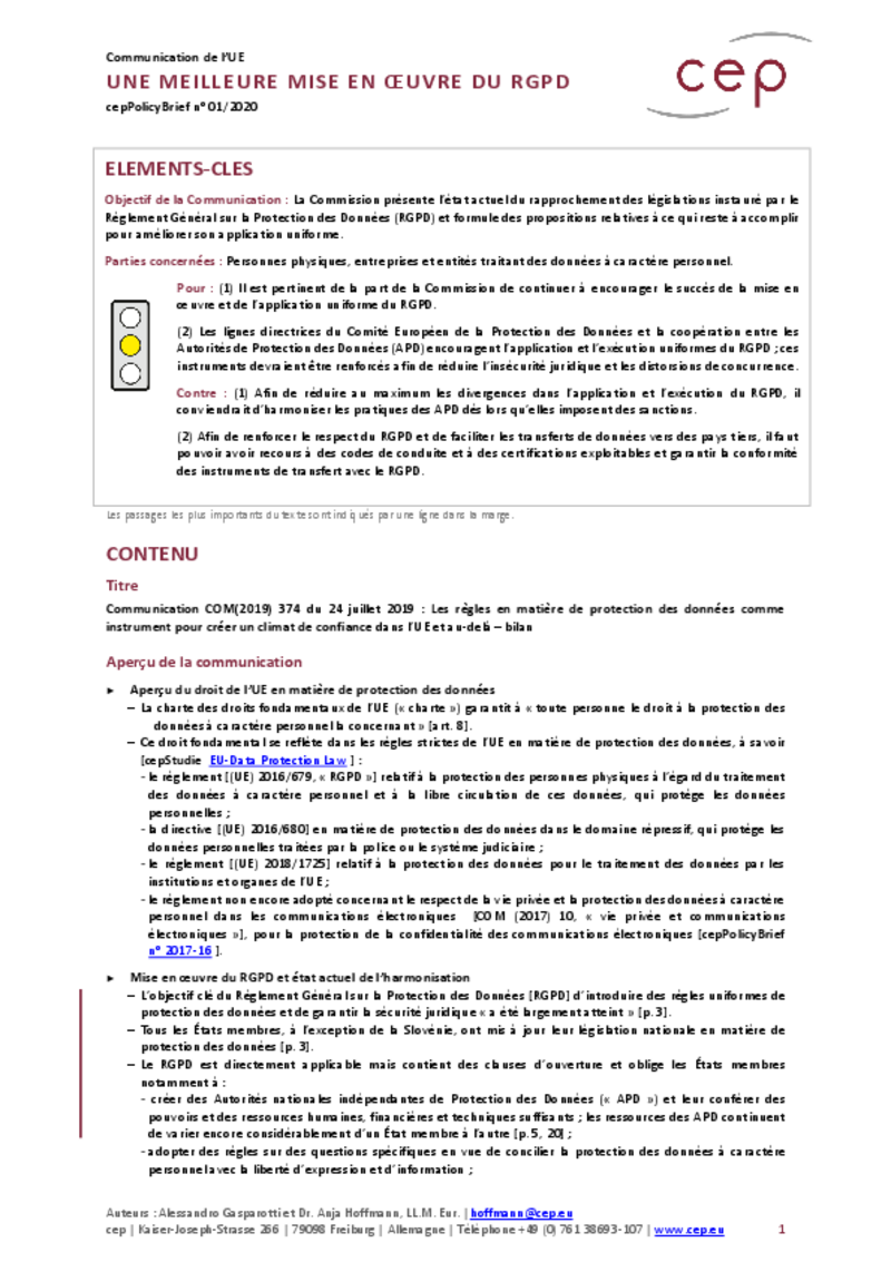 Une meilleure mise en œuvre du RGPD (Les Analyses du cep)