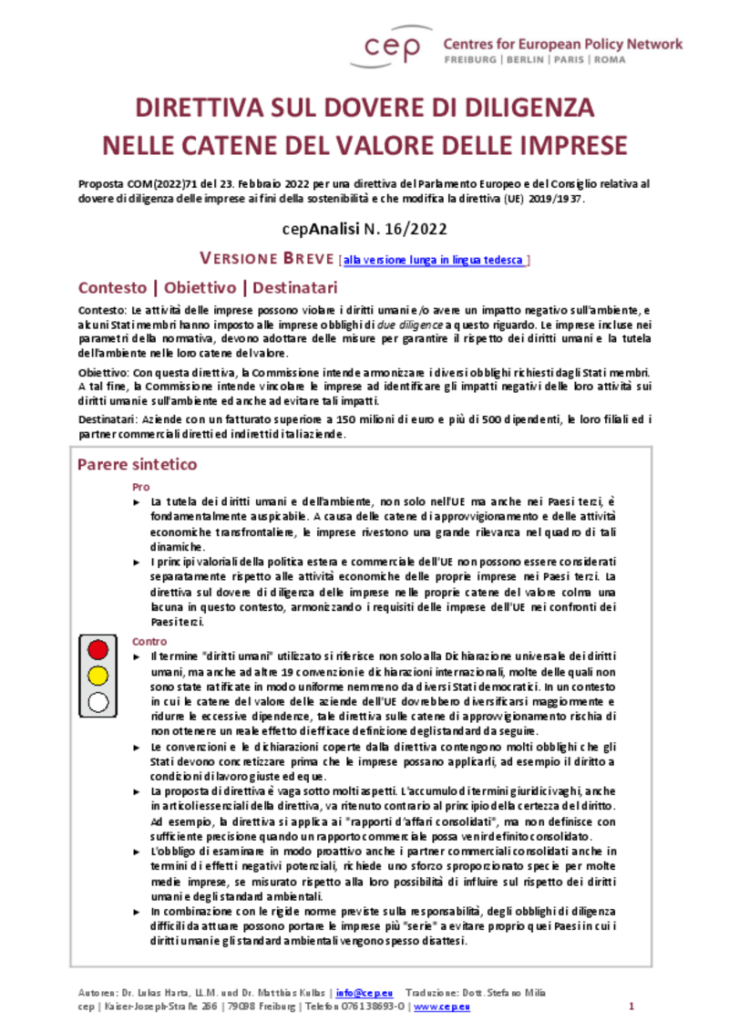 Direttiva sul dovere di diligenza nelle catene del valore delle imprese (cepAnalisi della COM(2022)71)