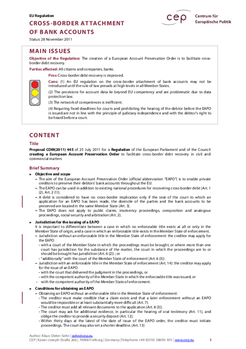 Cross-Border Attachment of Bank Accounts COM(2011) 445