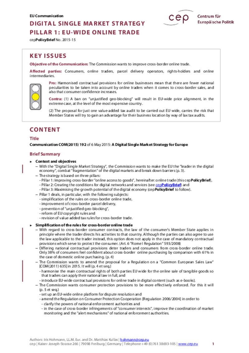 Digital Single Market Strategy – Pillar 1 COM(2015) 192