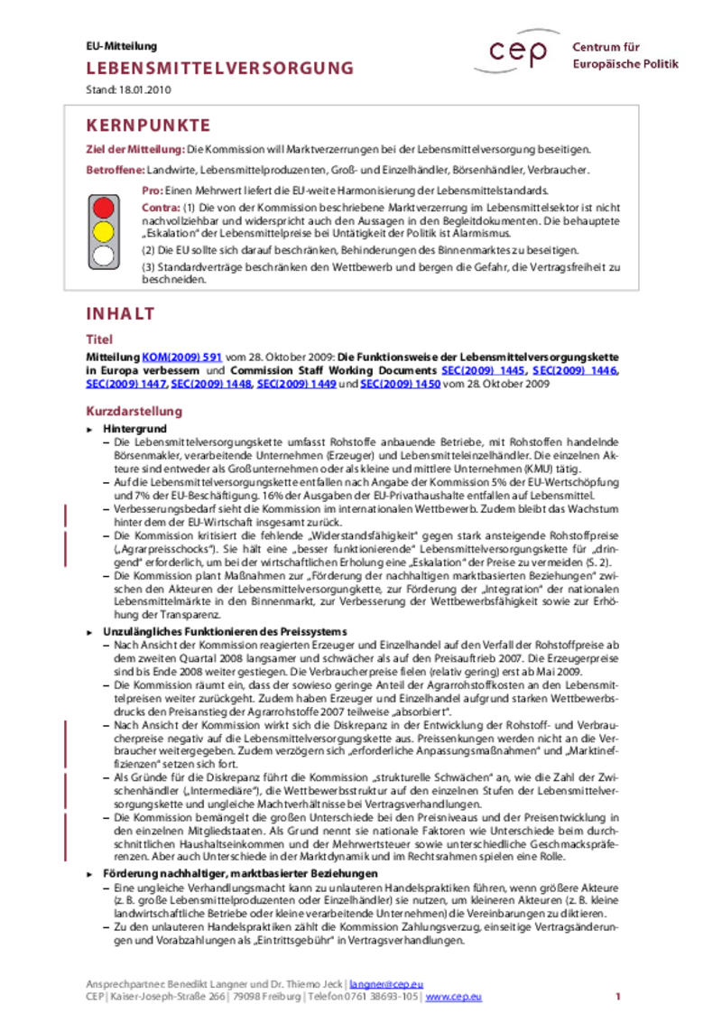Lebensmittelversorgung KOM(2009) 591