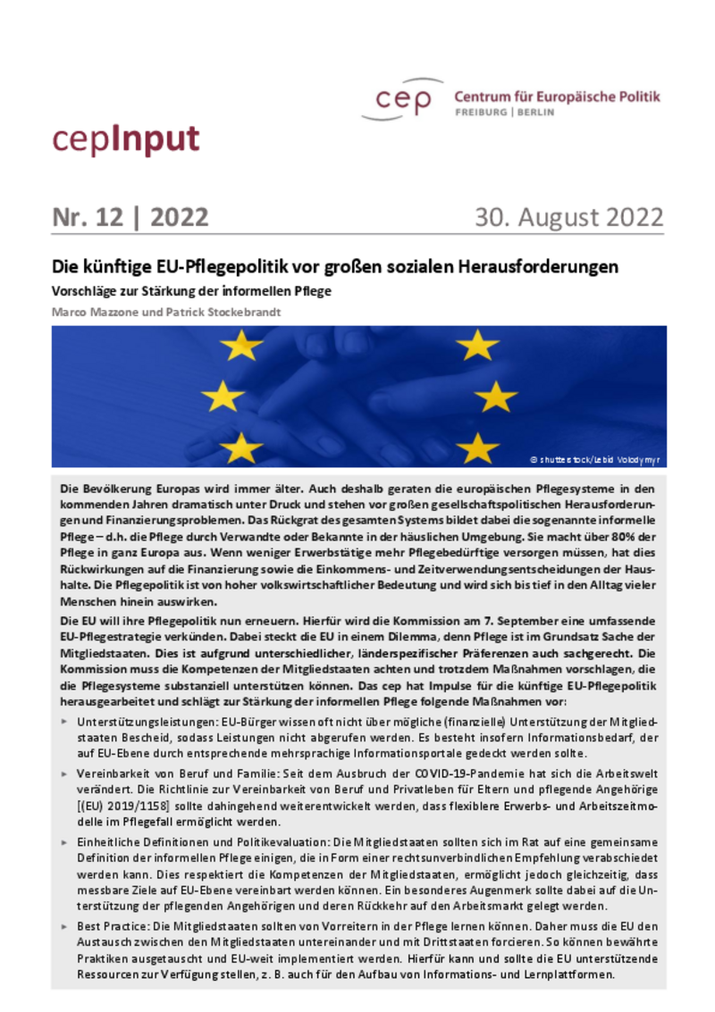 Die künftige EU-Pflegepolitik vor großen sozialen Herausforderungen (cepInput)
