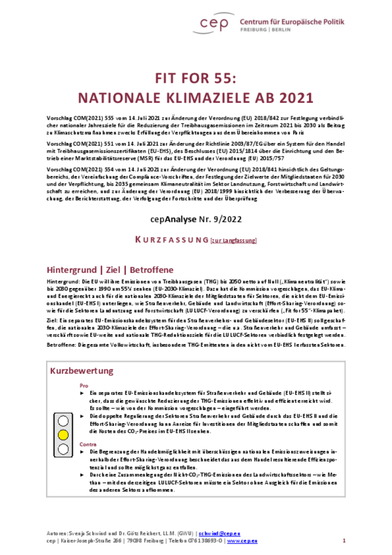 Fit for 55: Nationale Klimaziele ab 2021 (cepAnalyse Kurzfassung)