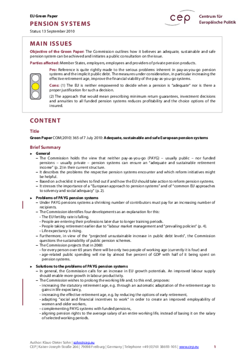 Pension Systems COM(2010) 365