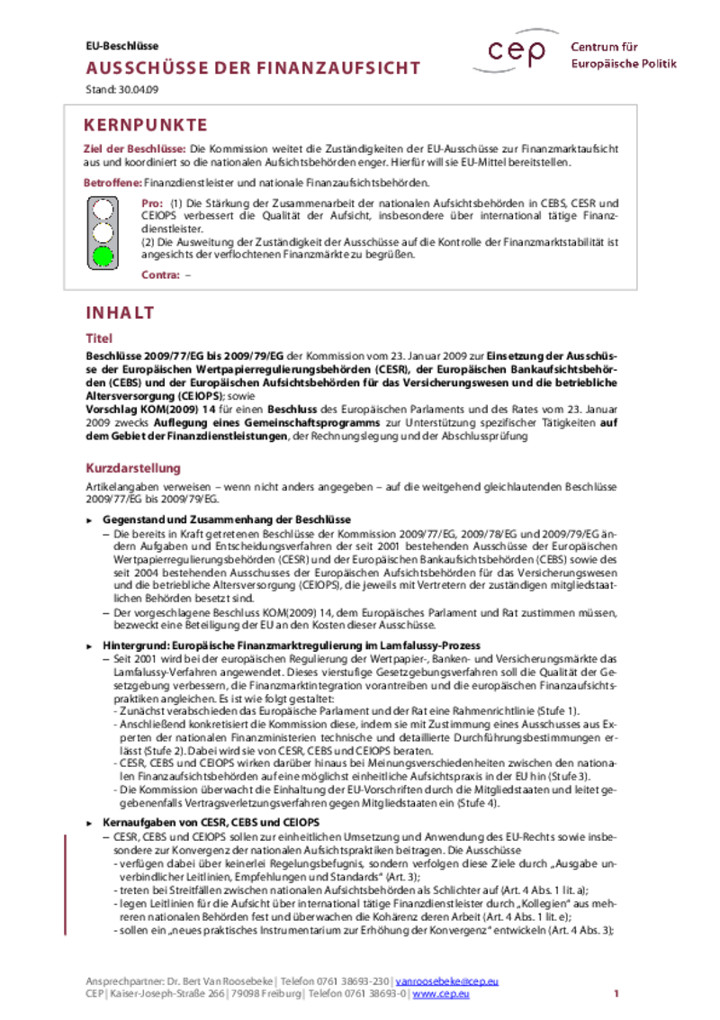 Finanzmarktaufsicht KOM(2009) 14