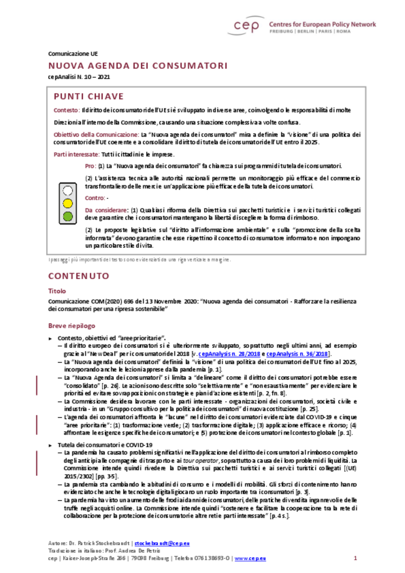 Nuova agenda dei consumatori (cepAnalisi del COM(2020) 696)