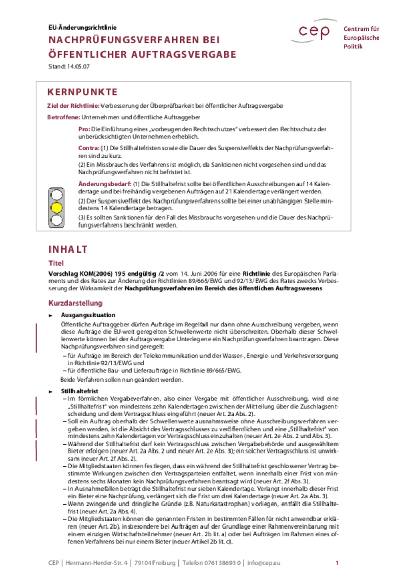 Nachprüfungsverfahren bei öffentlicher Auftragsvergabe KOM(2006) 195